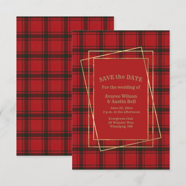 MacDonald Sleet Modern Tartan With Gold Frame Save The Date (Front/Back)