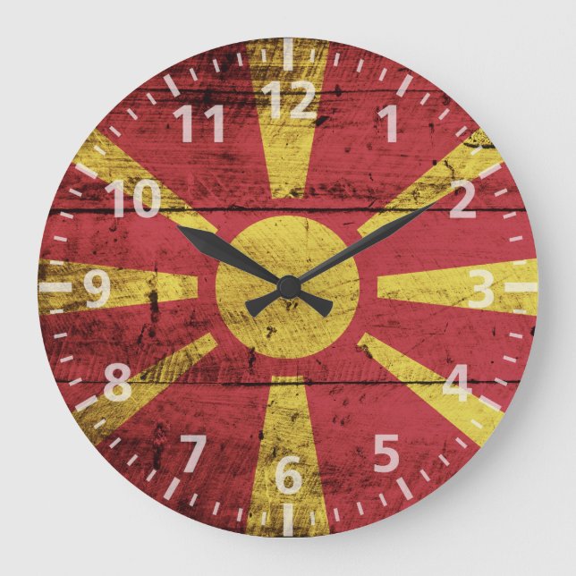 Macedonia Flag on Old Wood Grain Large Clock (Front)