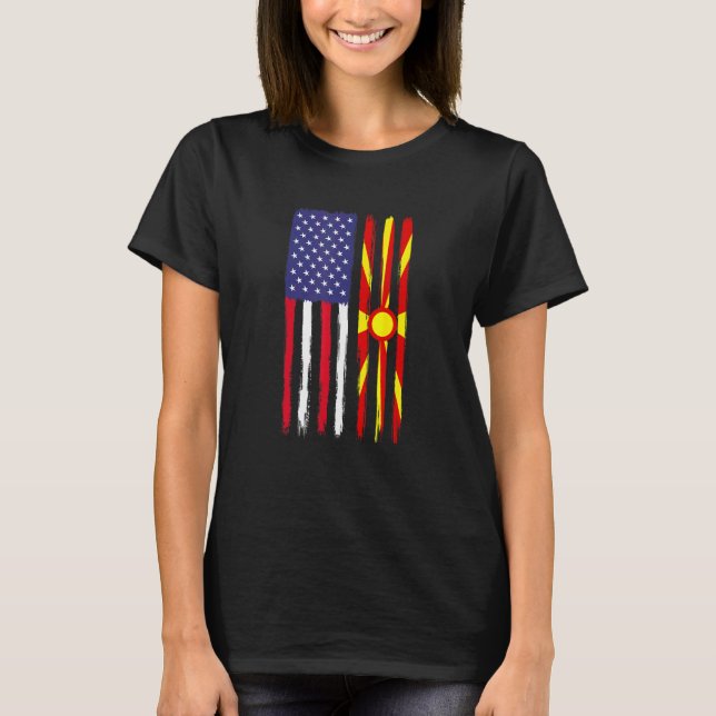Macedonian Roots Half American Flag Patriotic Mace T-Shirt (Front)