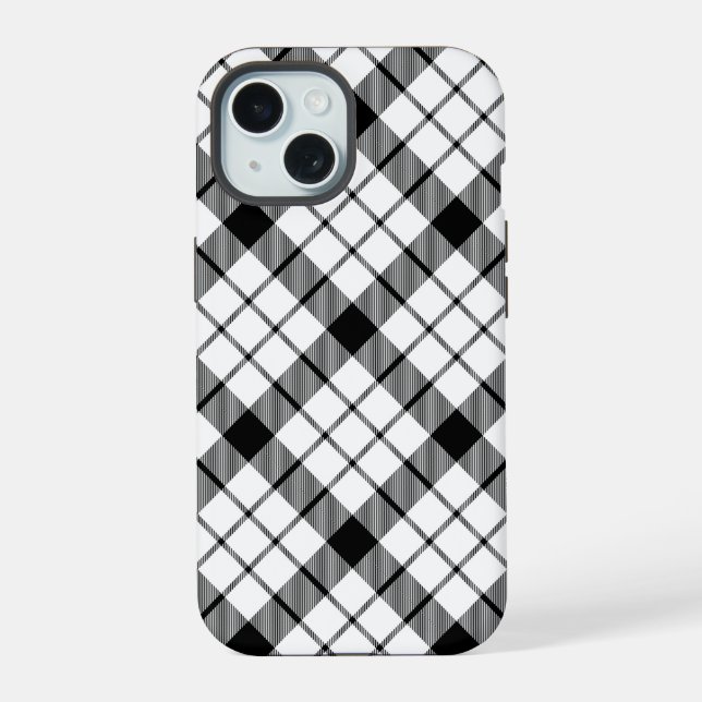 MacFarlane tartan black white plaid iPhone 15 Case (Back)