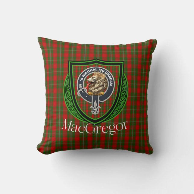 MacGregor Scottish Clan Tartan & Crest Throw Pillow (Front)