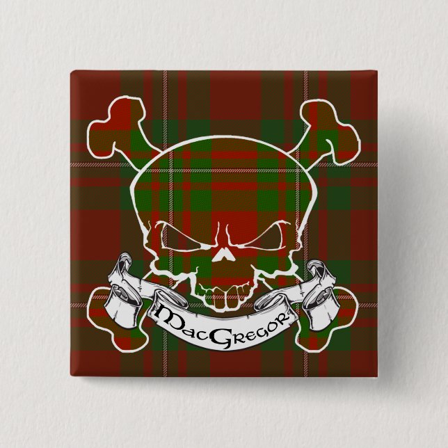 MacGregor Tartan Skull 2 Inch Square Button (Front)
