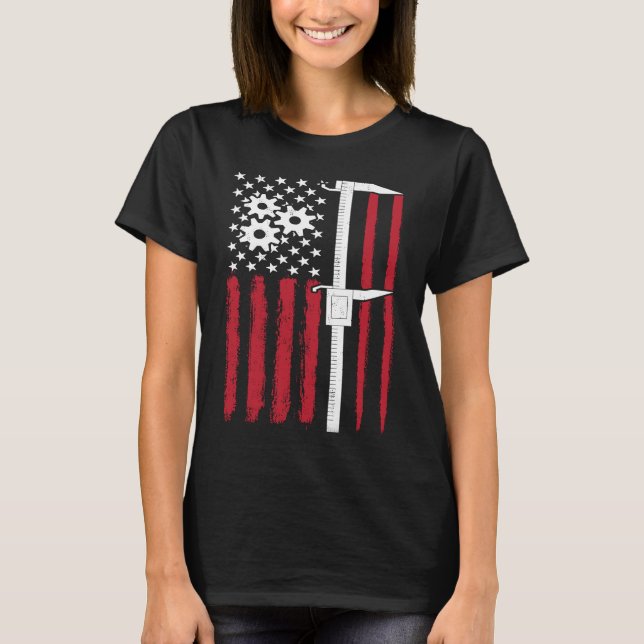 Machine Caliper  Machinist American Flag Tools Dia T-Shirt (Front)