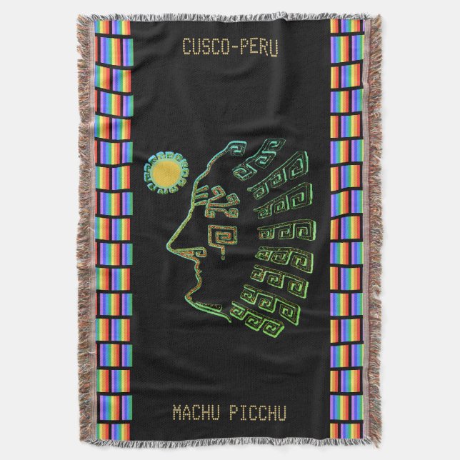 Machu_Picchu Silhouette & Rainbow Colours Throw Blanket (Front Vertical)