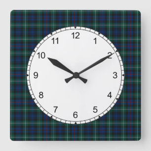 Mackenzie Family Tartan Dark Green and Blue Plaid Square Wall Clock