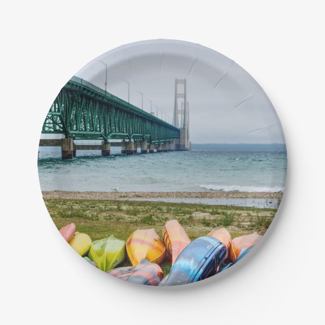 Mackinac Bridge And Canoes Paper Plate (Front)