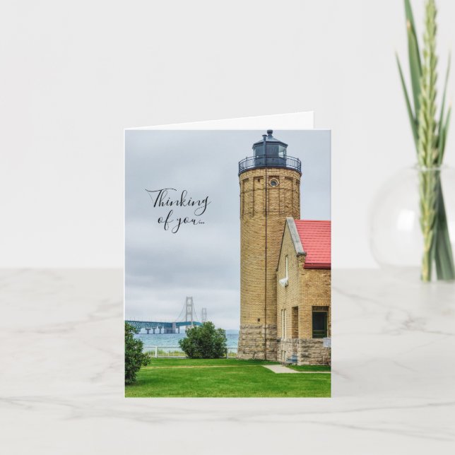 Mackinac Bridge and Lighthouse Thinking Of You Card (Front)