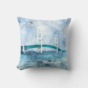 Mackinac Bridge Scenic Watercolor Art Throw Pillow