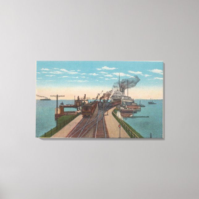 Mackinaw City, MI - View of Railway Ferry Docks Canvas Print (Front)