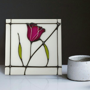 Mackintosh Art Deco Abstract Red Rose Floral Tile