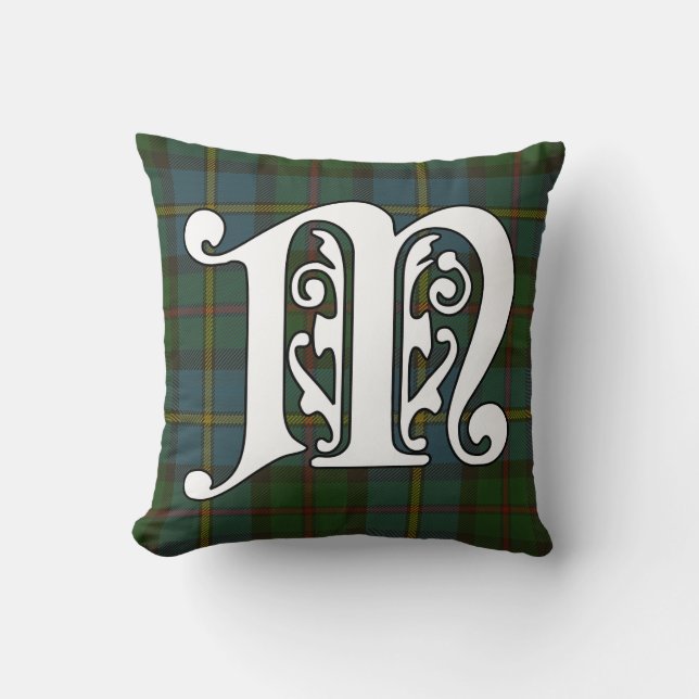 MacLeod Clan Tartan Monogram Throw Pillow (Front)
