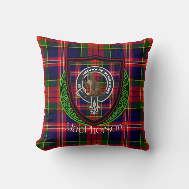 MacPherson Scottish Clan Tartan & Crest Throw Pillow (Front)