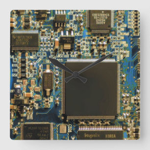Macro Blue Circuit Board   PCB Photo Square Wall Clock