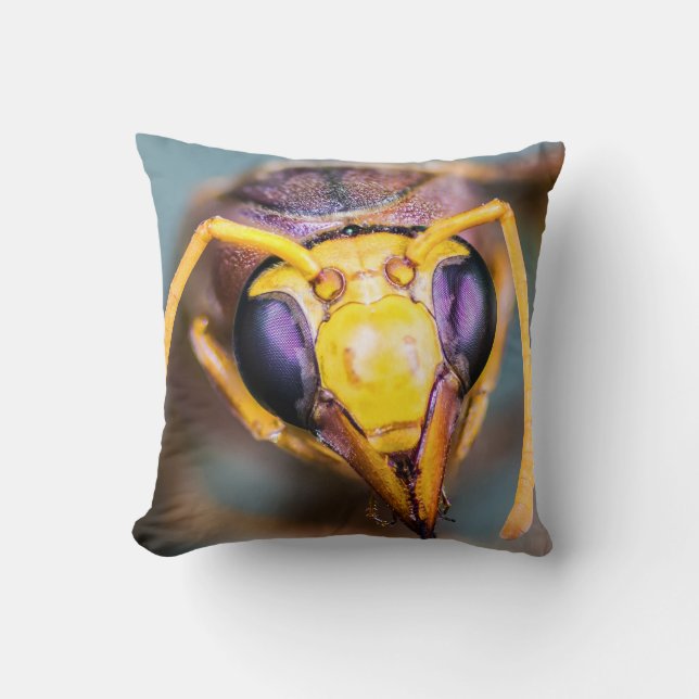 Macro Image of a Bug Eyed Hornet Up Close Throw Pillow (Front)