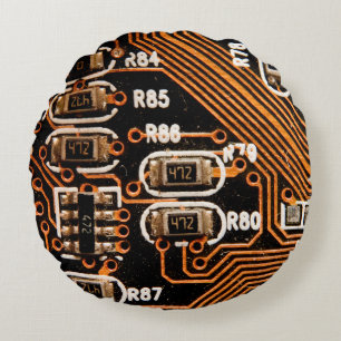 macro shot of circuitboard,cables,capacitors,card, round pillow