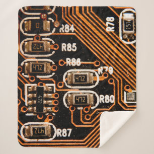 macro shot of circuitboard,cables,capacitors,card, sherpa blanket