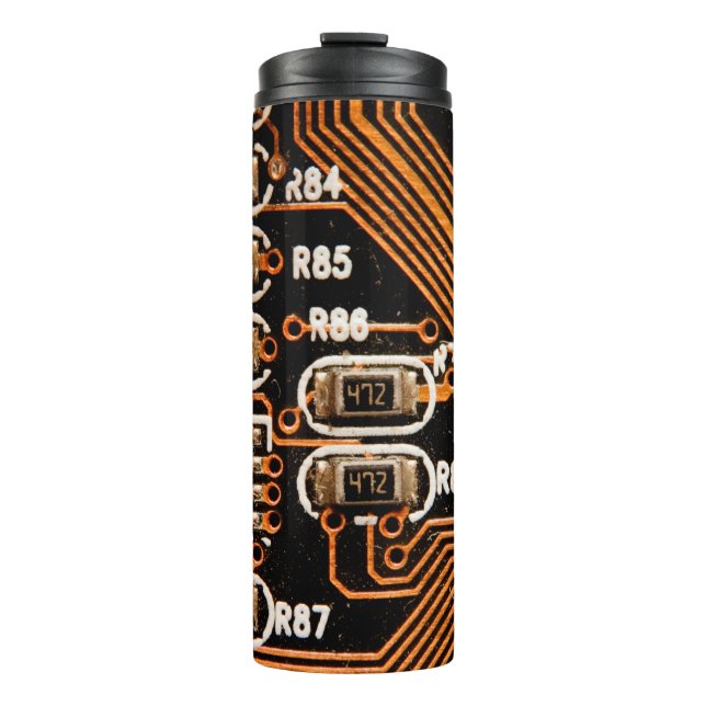 macro shot of circuitboard,cables,capacitors,card, thermal tumbler (Front)