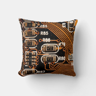 macro shot of circuitboard,cables,capacitors,card, throw pillow