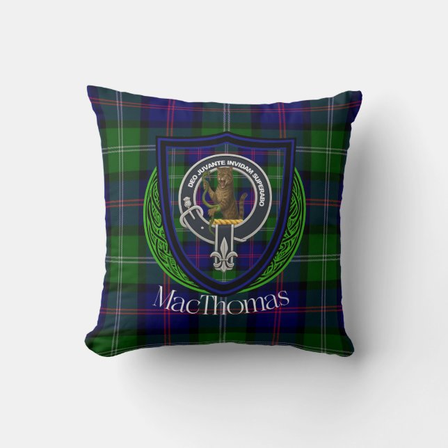 MacThomas Scottish Clan Tartan & Crest Throw Pillow (Front)