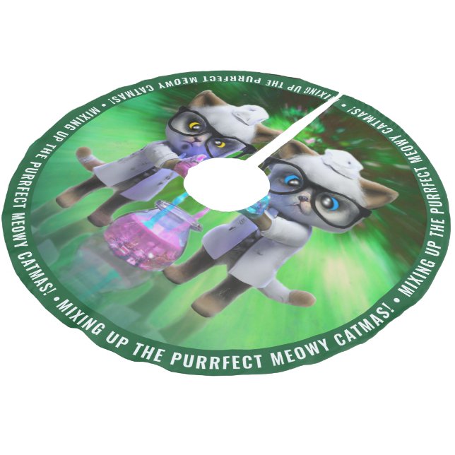 Mad Cat Scientists Mixing Up Purrfect Meowy Catmas Brushed Polyester Tree Skirt (Angled)