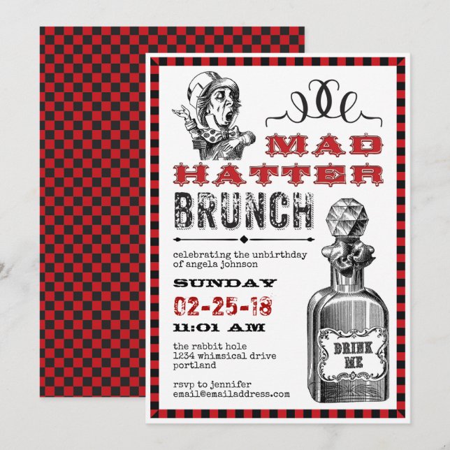 Mad Hatter Brunch Party on White Invitation (Front/Back)