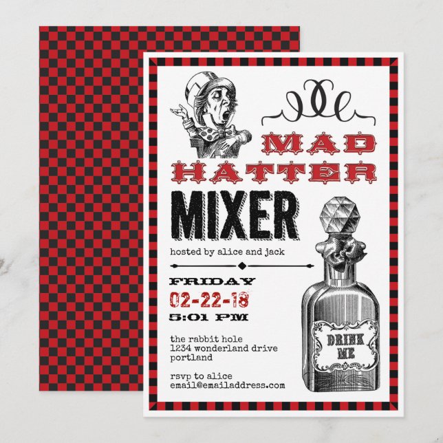 Mad Hatter Mixer Party on White Invitation (Front/Back)