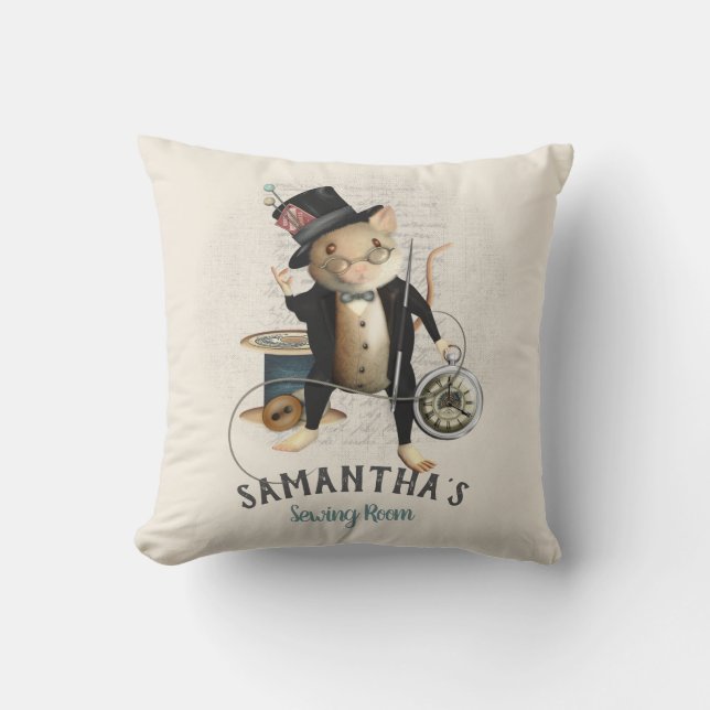 Mad Hatter Mouse Sewing Design Illustration Throw Pillow (Front)