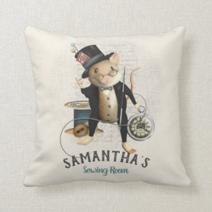Mad Hatter Mouse Sewing Design Illustration Throw Pillow