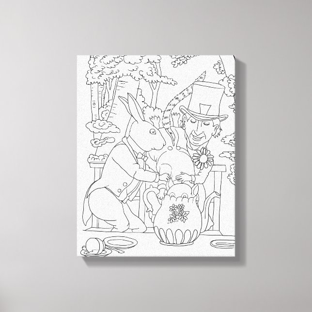 Mad hatter white rabbit door mouse colouring page canvas print (Front)