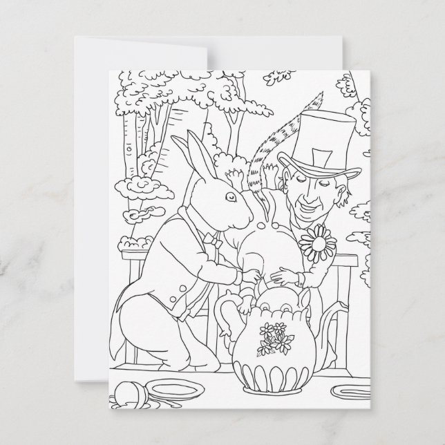 Mad hatter white rabbit door mouse colouring page holiday card (Front)