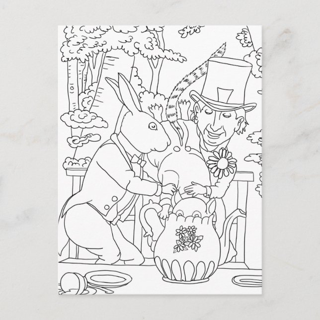 Mad hatter white rabbit door mouse colouring page postcard (Front)