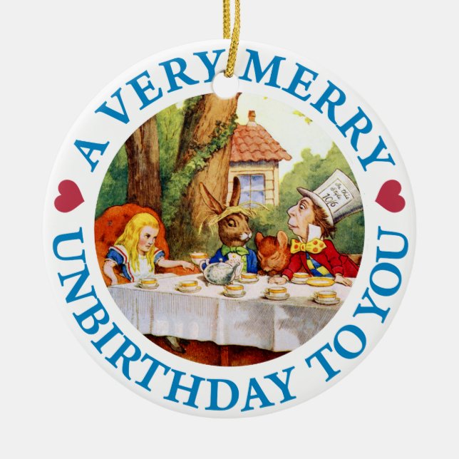 Mad Hatter Wishes Alice a Very Merry Unbirthday Ceramic Ornament (Front)