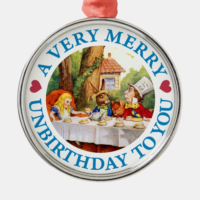 Mad Hatter Wishes Alice a Very Merry Unbirthday Metal Ornament (Front)