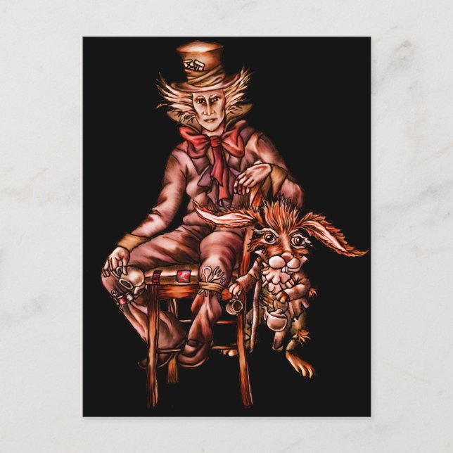 Mad Hatter with March Hare Drawing Postcard (Front)