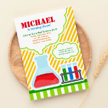 Mad Science Birthday Party Invitation<br><div class="desc">Celebrate your little genius birthday party with a science Birthday Party. This Mad Scientist Party Invitation features chemical laboratory flask on yellow stripes pattern. Spice up your little einstein birthday party with our mad science party invitation. This scientist invitations design is also perfect to welcome your baby genius with a...</div>