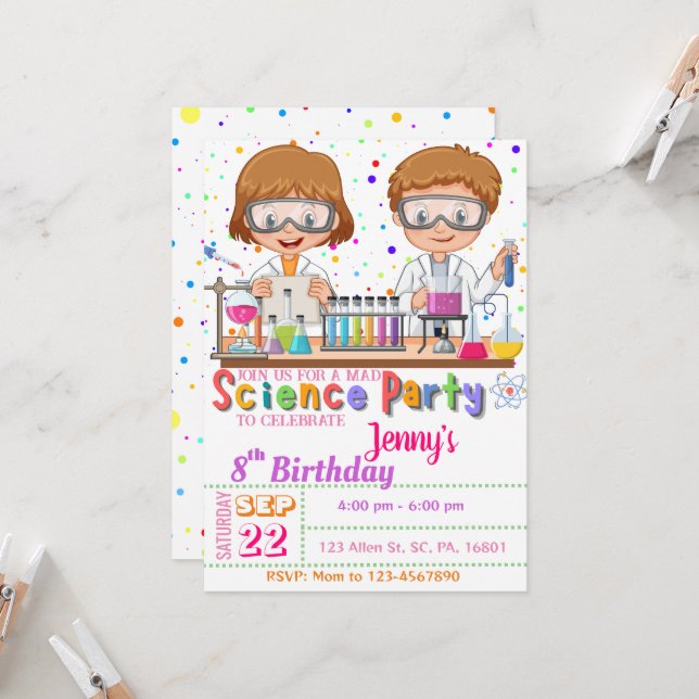 Mad Science Birthday Party `Invitation for Girls I Invitation (Front/Back In Situ)