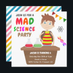 Mad Science Experiment Boys Birthday Party Invitation<br><div class="desc">Amaze your guests with this colourful science birthday party invitation featuring a laboratory boy doing an experiment against a white background. Simply add your event details on this easy-to-use template to make it a one-of-a-kind invitation. Flip the card over to reveal a colourful stripes pattern on the back of the...</div>