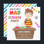 Mad Science Experiment Boys Birthday Party Invitation<br><div class="desc">Amaze your guests with this colourful science birthday party invitation featuring a laboratory boy doing an experiment against a white background. Simply add your event details on this easy-to-use template to make it a one-of-a-kind invitation. Flip the card over to reveal a colourful stripes pattern on the back of the...</div>