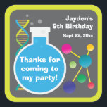 Mad Science Lab Birthday Party Favour Square Sticker<br><div class="desc">These are fun stickers to use for a mad science or scientist birthday party.  The design features a round beaker with blue liquid,  DNA helix and atom molecules.  The background is a dark grey with a lime green border.  Personalize these favour stickers with a name,  date and short message.</div>