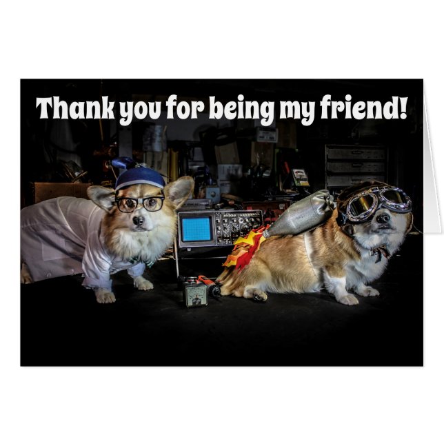 Mad Scientist and Rocketeer Corgi Friendship card (Front Horizontal)