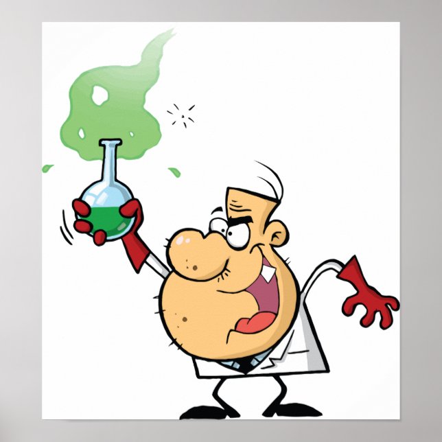 Mad Scientist Holding Bubbling Flask Science Poster (Front)