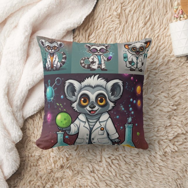 Mad Scientist Lemur Print Throw Pillow (Blanket)
