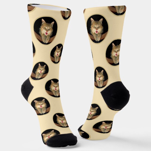 Mad Tabby Cat Portrait Painting Cute Original Art Socks (Angled)