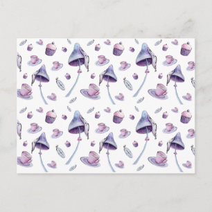 Mad Tea Party Pink and Blue Watercolor Postcard
