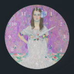 Mada Primavesi Gustav Klimt Purple Girl Portrait Large Clock<br><div class="desc">Famous Mada Primavesi portrait by Gustav Klimt. This painting features a brunette girl in a pretty white dress with flowers in front of a purple background. Lovely colours on this vintage artwork of a woman.</div>