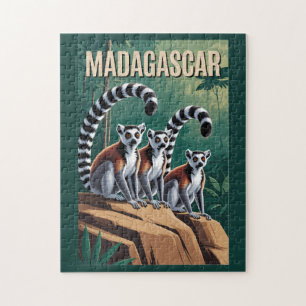 Madagascar Lemurs Illustration Travel Art Vintage Jigsaw Puzzle
