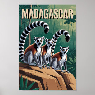Madagascar Lemurs Illustration Travel Art Vintage Poster