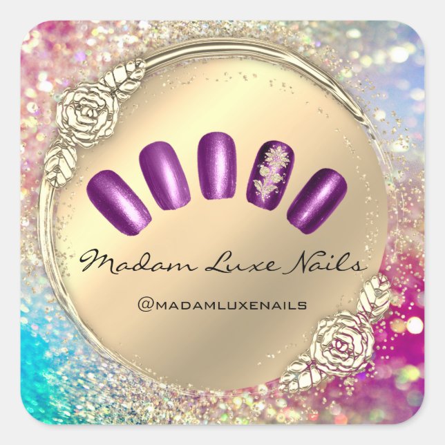 Madam Luxe Nail Glitter Rose Gold Floral Violet Square Sticker (Front)