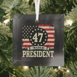 Madam President American flag 47 harris Walz  Glass Ornament