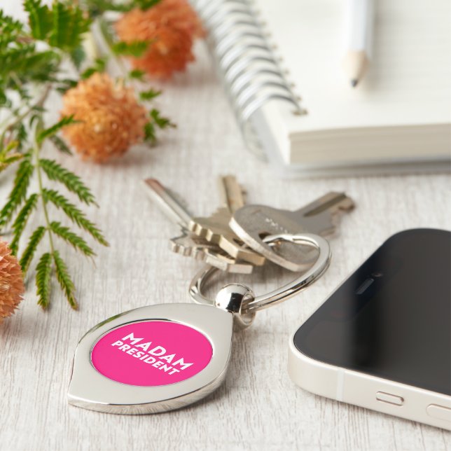 Madam President modern typography white hot pink Keychain (Side)